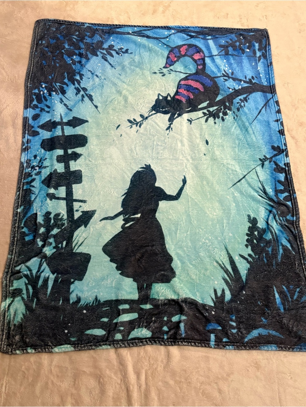 Alice in Wonderland Blue and Black Throw Blanket with Pink-Striped Cheshire Cat